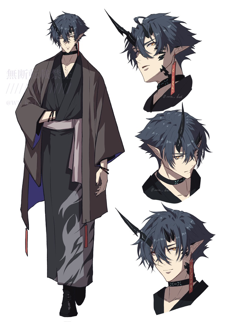 1boy alternate_costume arknights black_footwear black_kimono commentary_request earrings expressions flamebringer_(arknights) frown hand_in_pocket horns infection_monitor_(arknights) japanese_clothes jewelry kimono looking_at_viewer male_focus material_growth multiple_bracelets oripathy_lesion_(arknights) parted_lips pointy_ears single_earring single_horn smile solo tassel tassel_earrings wn_(wani-noko)