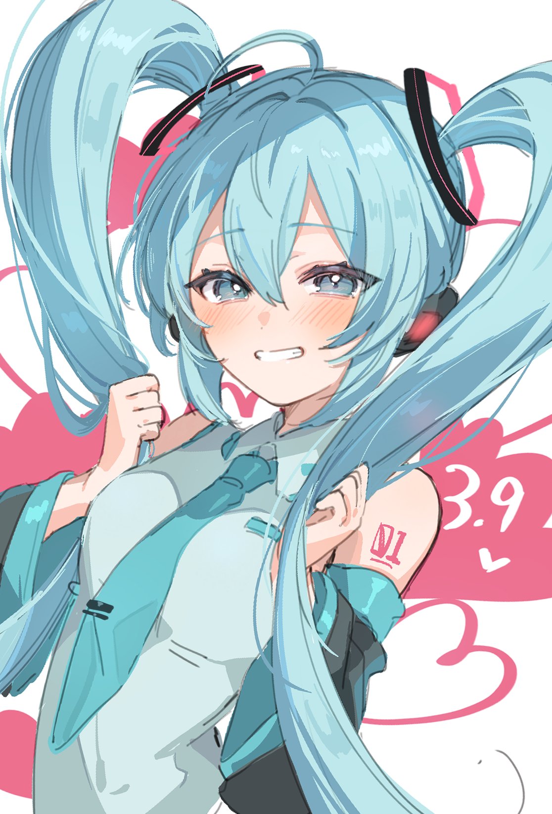 1girl 39 aqua_eyes aqua_hair aqua_necktie aqua_trim bare_shoulders black_sleeves blush breasts collared_shirt detached_sleeves grey_shirt grin hair_between_eyes hair_ornament hashtag_only_commentary hatsune_miku headset heart highres holding holding_hair long_hair looking_at_viewer miku_day necktie number_tattoo paragasu_(parags112) shirt sidelocks sleeveless sleeveless_shirt smile solo tattoo tie_clip twintails two-tone_background upper_body very_long_hair vocaloid w_arms white_background wide_sleeves