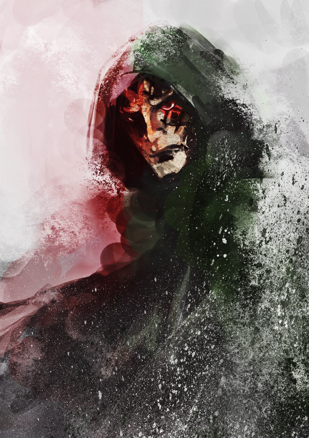 1boy abstract cloak closed_mouth facial_tattoo frown green_cloak highres hood hooded_cloak looking_at_viewer male_focus monkey_d._dragon nose one_piece portrait rasutoman red_eyes solo splatter tattoo two-tone_cloak white_background