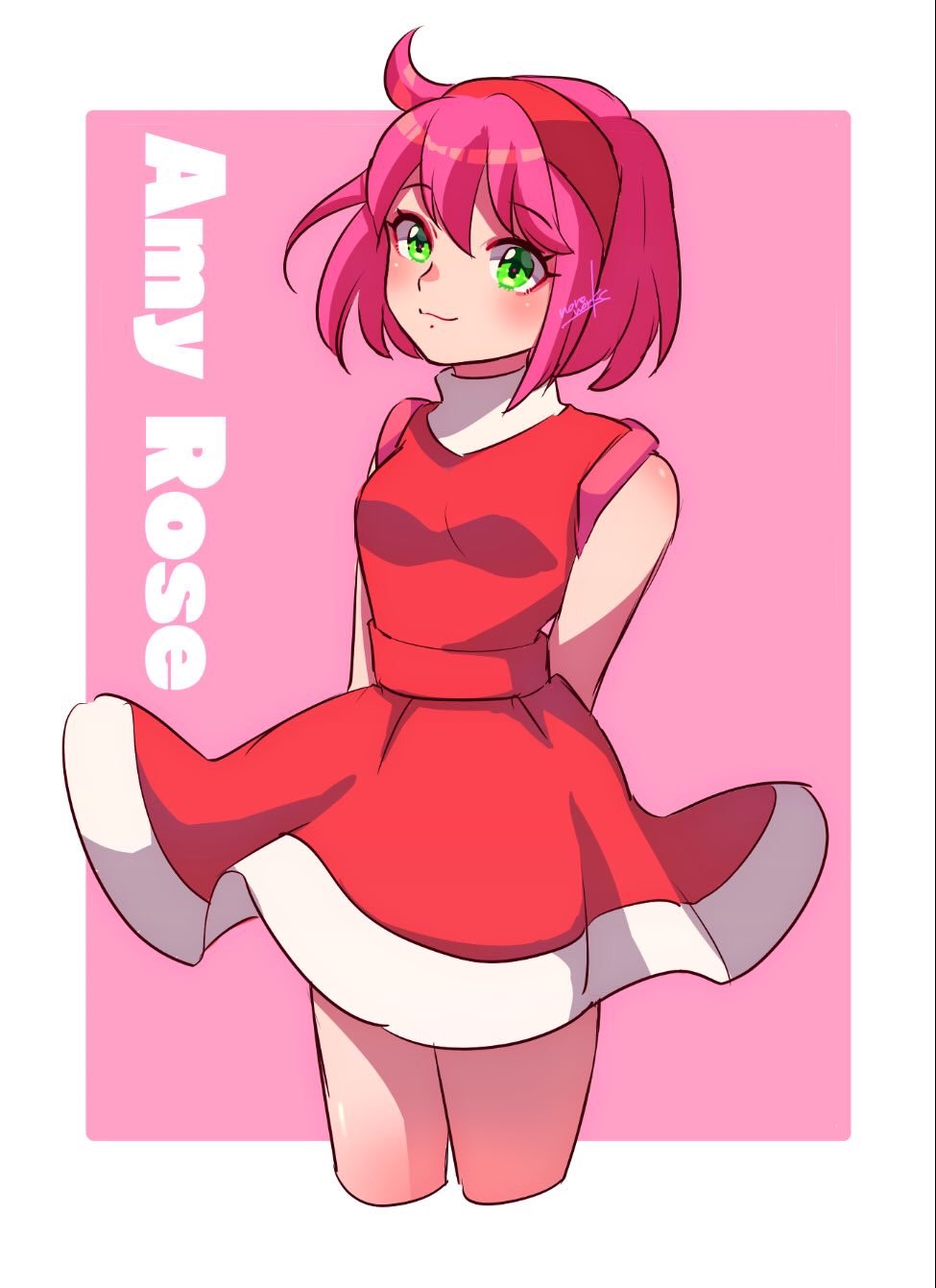 1girl :3 ahoge amy_rose arms_behind_back bare_arms blush border breasts character_name cowboy_shot dress english_text green_eyes hair_between_eyes hairband highres humanization looking_ahead medium_bangs medium_breasts nonoworks pink_background pink_hair red_dress red_hairband shiny_skin short_dress short_hair signature simple_background sleeveless sleeveless_dress solo sonic_(series) standing swept_bangs thighs watermark white_border wind wind_lift