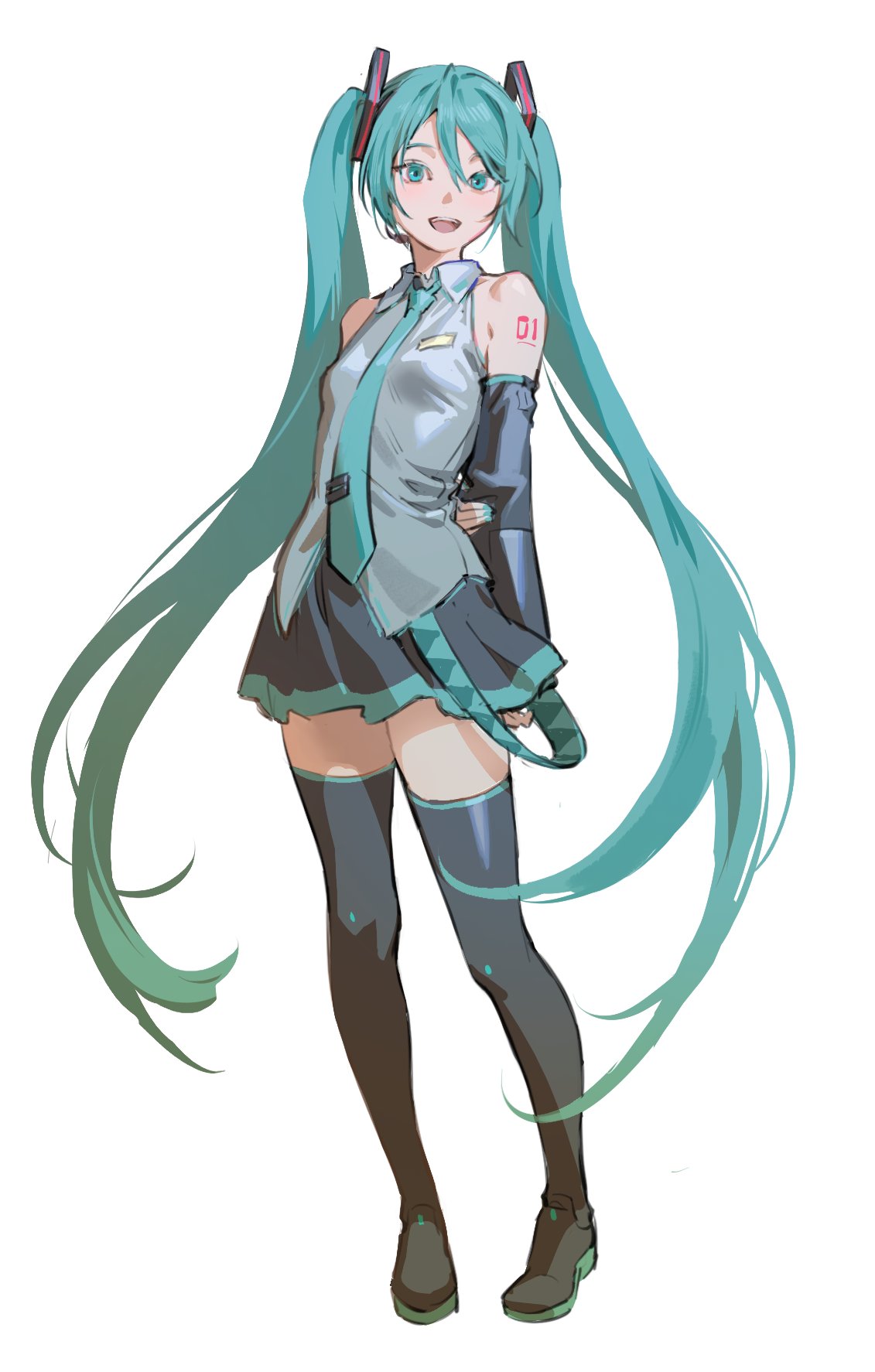 1girl :d aqua_eyes aqua_hair aqua_necktie arms_behind_back bare_shoulders black_footwear black_skirt black_sleeves black_thighhighs blue_necktie boots breasts collared_shirt detached_sleeves full_body grey_shirt hair_between_eyes hair_ornament hand_on_own_arm hatsune_miku highres long_hair looking_at_viewer miniskirt necktie number_tattoo open_mouth pleated_skirt shirt shoulder_tattoo simple_background skirt sleeveless sleeveless_shirt smile solo standing tachi-e tattoo teeth thigh-highs thigh_boots tunapon01 twintails upper_teeth_only very_long_hair vocaloid white_background zettai_ryouiki