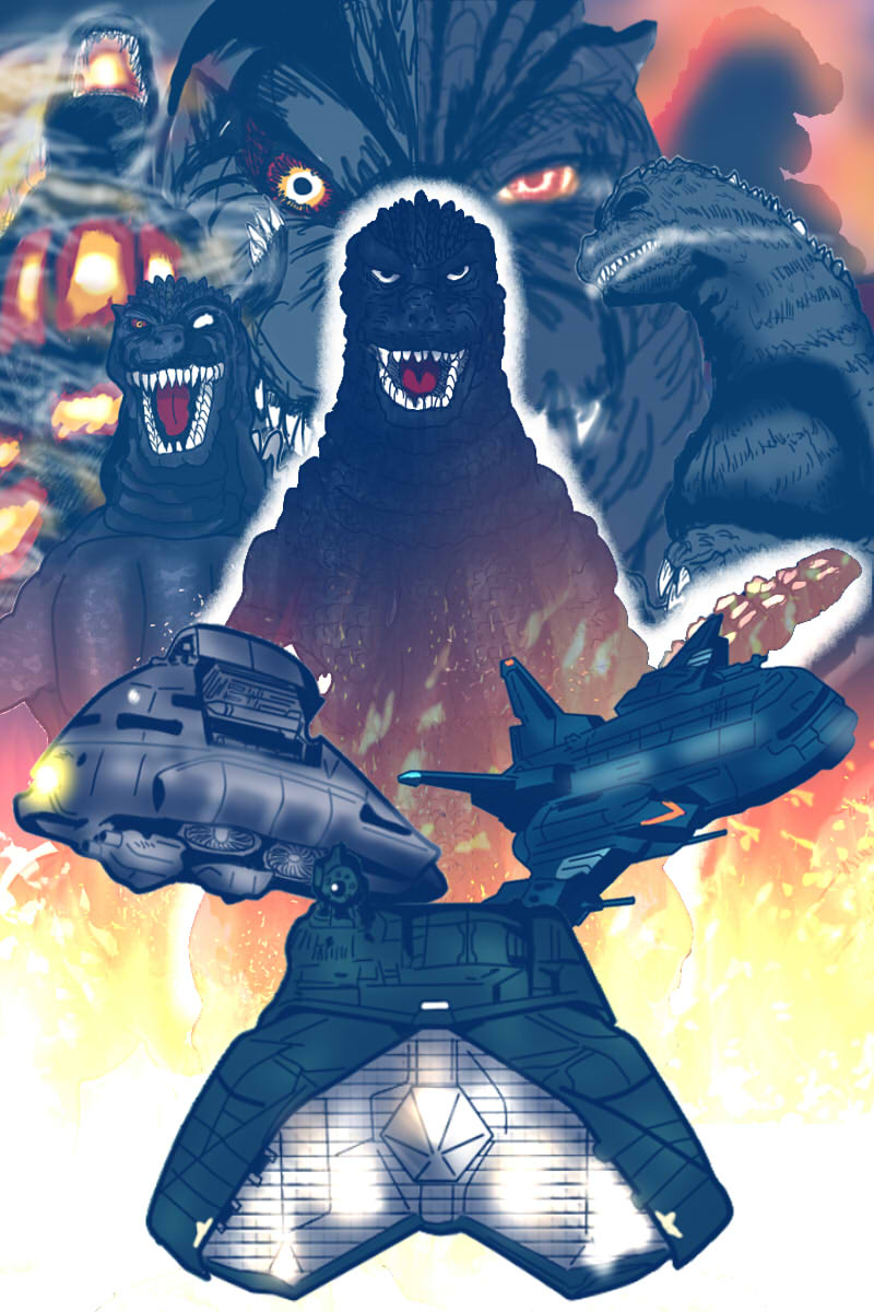 bioluminescence burning_godzilla character_request claws clouds fangs fire floating flying giant giant_monster glowing glowing_eyes glowing_mouth godzilla godzilla_(series) godzilla_vs._biollante godzilla_vs._destoroyah godzilla_vs._mechagodzilla_(1993) highres kaijuu kenpachiro_satsuma long_tail maser_cannon military military_vehicle missile monster multiple_persona munobusi3 no_humans open_mouth realistic roaring scales science_fiction sharp_teeth smoke spikes spines super_x super_x2 super_x3 tail teeth tokusatsu wings yellow_eyes