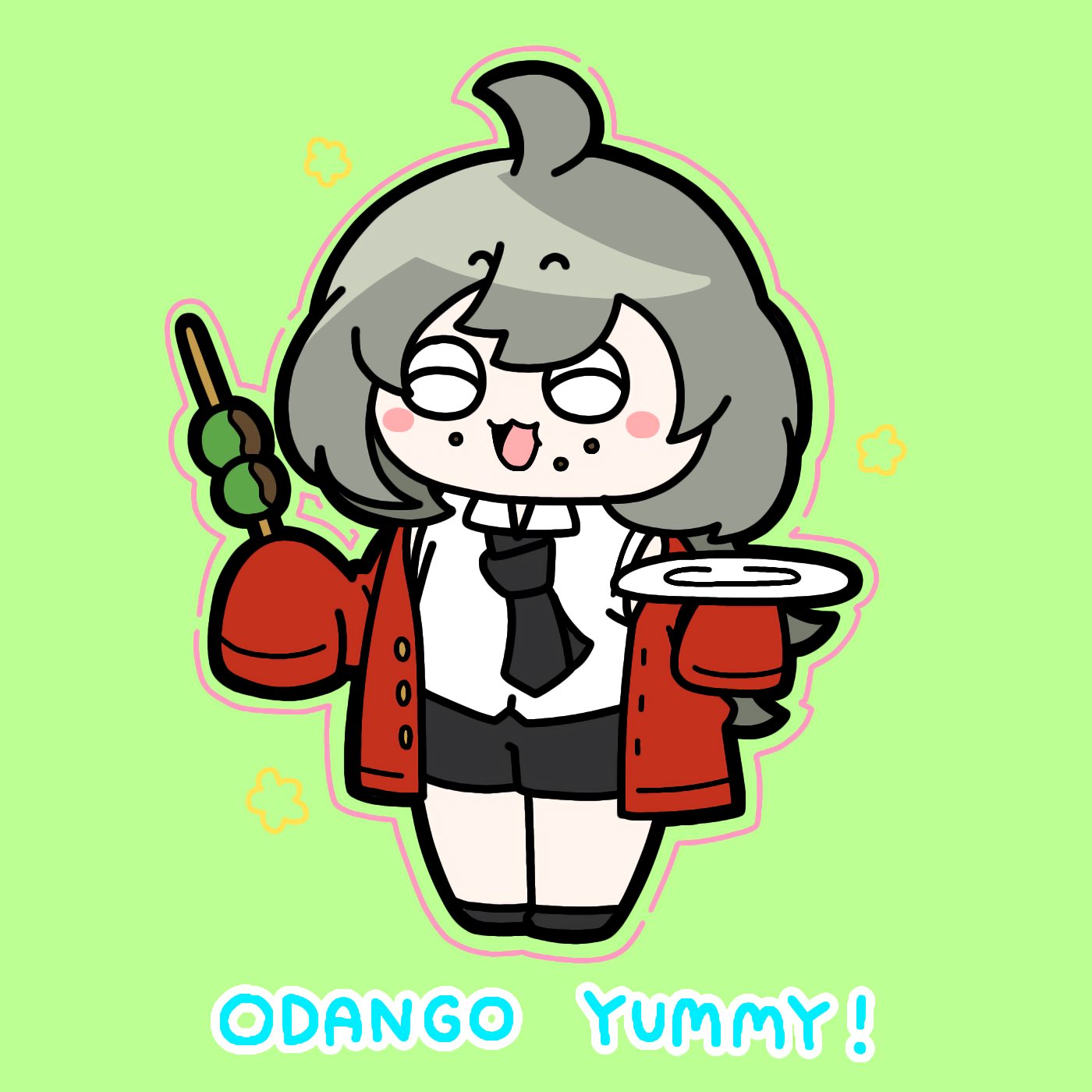 1girl :3 ahoge assault_lily black_footwear black_necktie black_shorts buttons chibi closed_eyes collared_shirt commentary dango flower_(symbol) food food_on_face full_body green_background grey_hair hands_up highres holding holding_food holding_plate jacket konpeitoull_(c12h22o11_tr_6) long_hair long_sleeves necktie off_shoulder official_alternate_costume open_mouth outline pink_outline plate red_jacket sasaki_ran shirt shoes shorts simple_background sleeves_past_fingers sleeves_past_wrists smile solo wagashi white_shirt