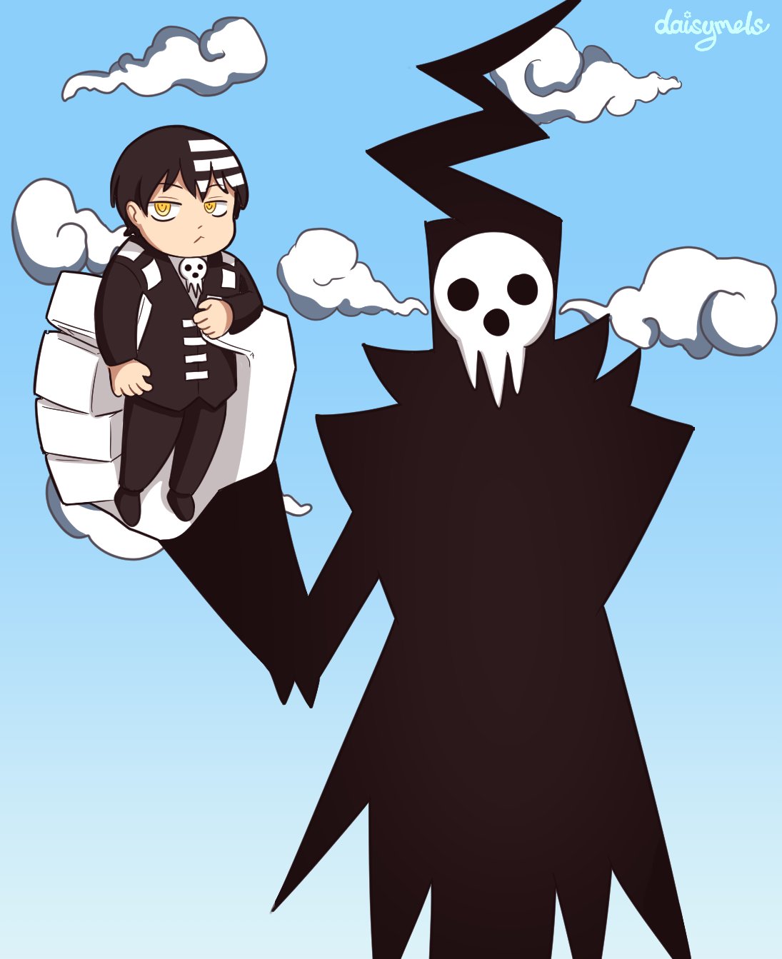 2boys :&lt; aged_down artist_name black_footwear black_hair black_suit blue_sky clouds daisymels death_the_kid father_and_son hand_up highres how_to_hold_my_baby_redraw_(meme) long_sleeves male_focus meme monster multiple_boys photo-referenced shinigami shinigami-sama short_hair sky soul_eater standing suit yellow_eyes