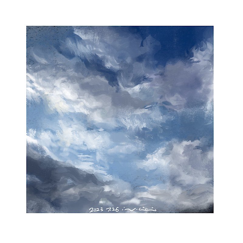 blue_sky clouds cloudy_sky dated mimoth no_humans original outdoors painting_(medium) realistic scenery signature sky traditional_media