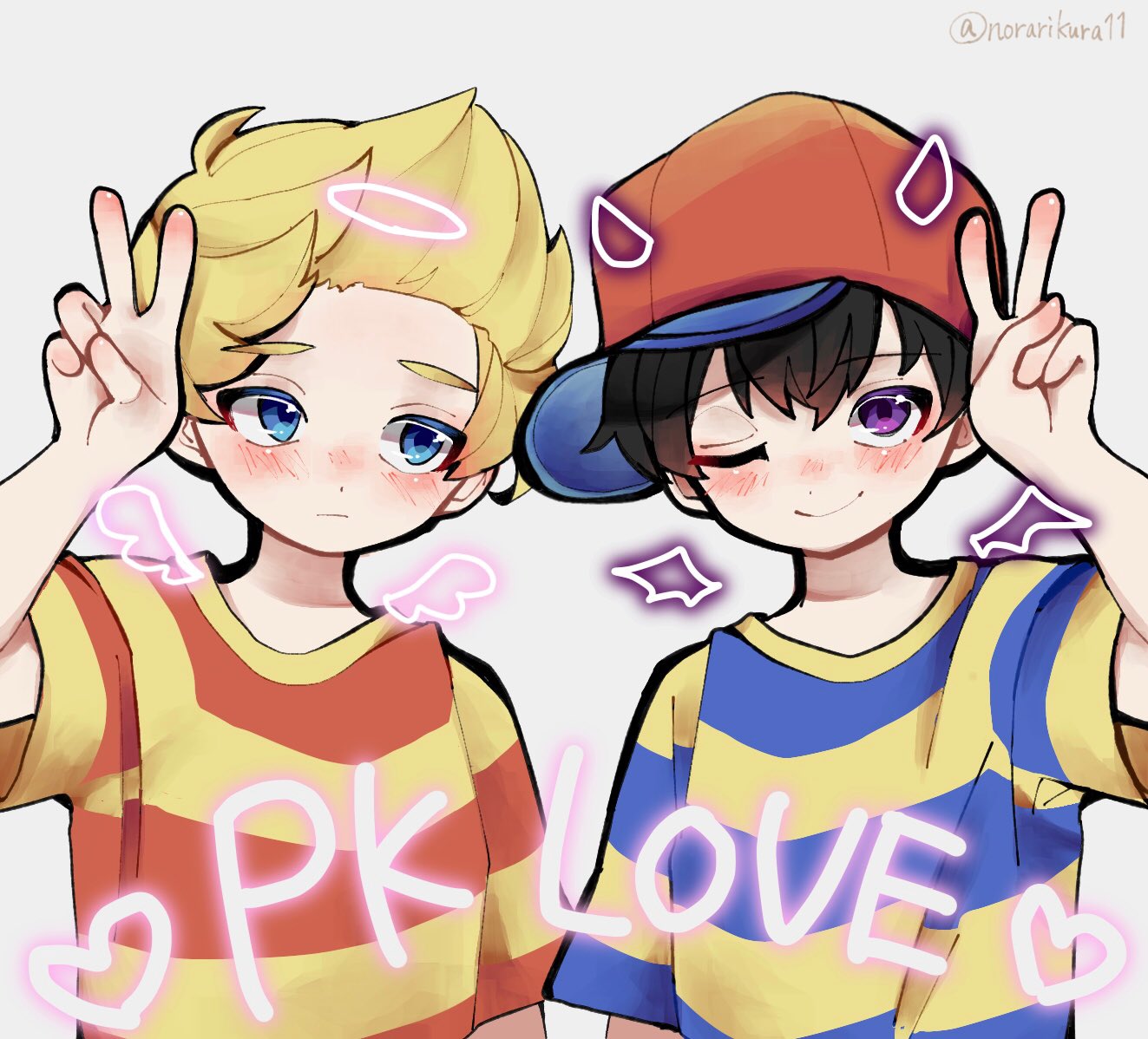2boys angel_wings baseball_cap black_hair blinking blonde_hair blue_eyes blush demon_wings fake_halo fake_horns fake_wings halo hat horns looking_at_viewer lucas_(mother_3) mother_(game) mother_2 mother_3 multiple_boys ness_(mother_2) norakinura one_eye_closed quiff shirt sideways_hat smile striped_clothes striped_shirt v violet_eyes white_background wings yellow_shirt
