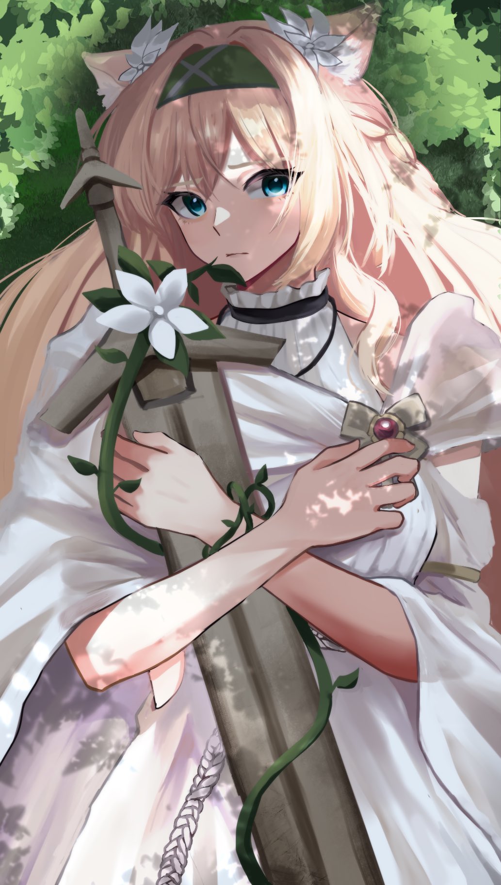 1girl 55oyatu animal_ear_fluff animal_ears arknights blonde_hair blue_eyes closed_mouth commentary_request day dress flower green_hairband hair_between_eyes hair_flower hair_ornament hairband highres horn_(arknights) hugging_object long_hair looking_at_viewer red_dress see-through solo sword very_long_hair weapon white_flower