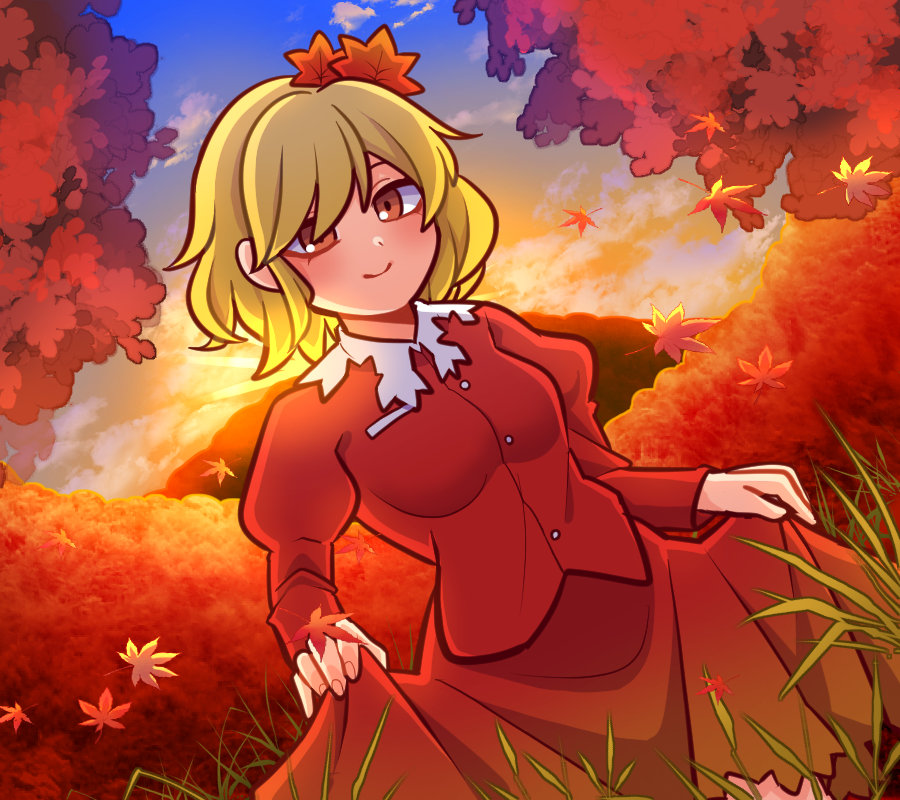 1girl 1jumangoku aki_shizuha autumn autumn_leaves blonde_hair blue_sky brown_eyes buttons closed_mouth clouds collar collared_shirt commentary_request cowboy_shot curtsey dutch_angle eyelashes falling_leaves gradient_sky grass hair_ornament juliet_sleeves leaf leaf_hair_ornament light_blush long_sleeves medium_hair medium_skirt mountain outdoors pocket puffy_sleeves red_shirt red_skirt red_sleeves shirt skirt skirt_hold skirt_set sky smile solo sunset touhou tree white_collar