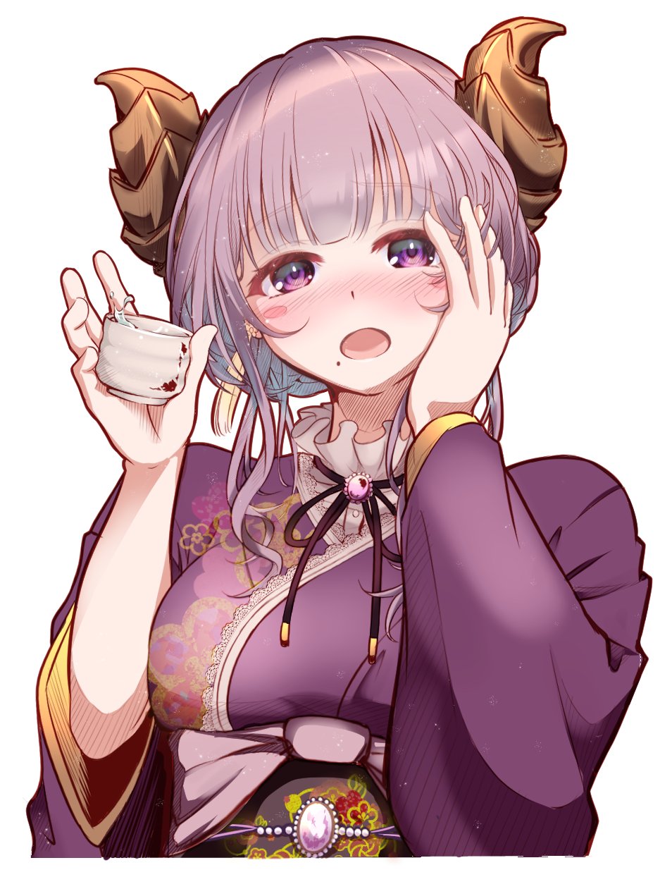 1girl alcohol black_ribbon blush breasts brown_horns choko_(cup) commentary_request cup demon_girl demon_horns floral_print futatsumuji hand_on_own_face highres holding holding_cup horns japanese_clothes kimono looking_at_viewer medium_bangs medium_breasts medium_hair mole mole_under_mouth nanashi_inc. neck_ribbon nose_blush obi open_mouth print_kimono purple_brooch purple_hair purple_kimono ribbon saionji_mary sake sash simple_background solo upper_body virtual_youtuber white_background