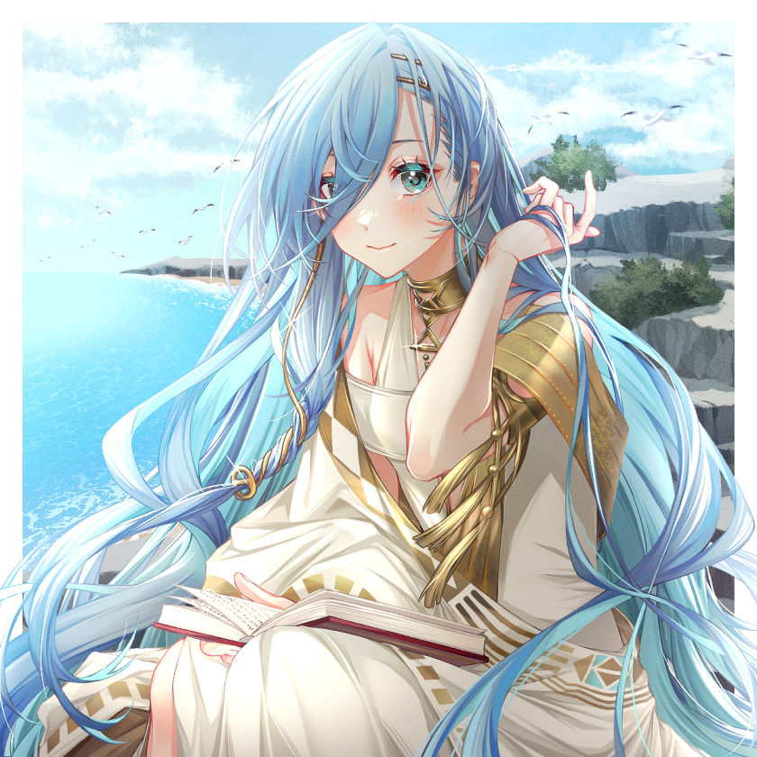 1girl 37_(reverse:1999) adjusting_hair ancient_greek_clothes armlet beach bird blue_eyes blue_hair blue_sky book book_on_lap border cliff closed_mouth clouds cowboy_shot gold_choker greco-roman_clothes hair_over_one_eye hand_up holding holding_hair long_hair looking_at_viewer ocean open_book outdoors outside_border reverse:1999 seagull sieka_(piiroinardesco) sitting sky smile solo toga very_long_hair white_border