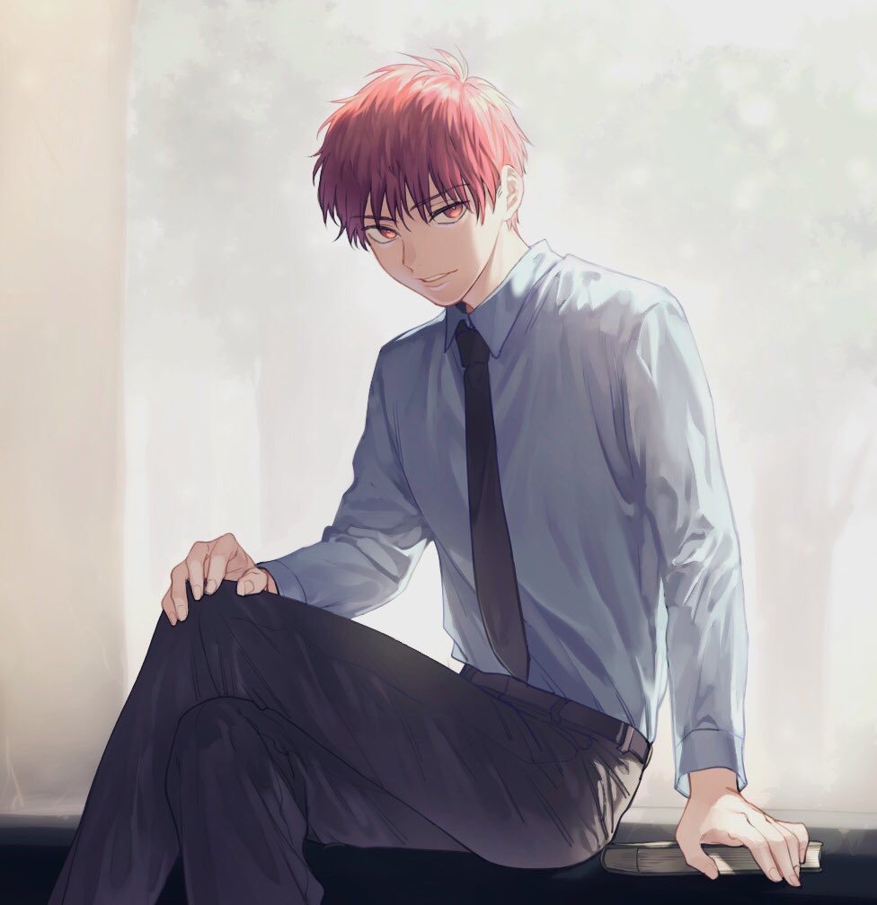 1boy akashi_seijuurou arm_support black_necktie black_pants book collared_shirt crossed_legs feet_out_of_frame hand_on_own_knee kuroko_no_basuke long_sleeves looking_at_viewer male_focus necktie pants parted_lips pon52io red_eyes redhead shirt white_shirt