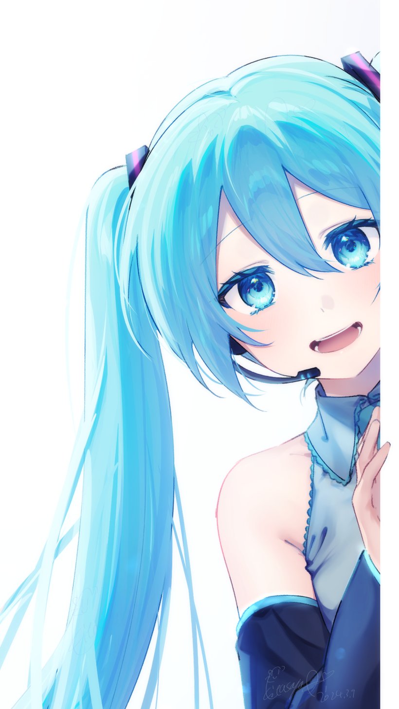 1girl :d bare_shoulders black_sleeves blue_eyes blue_hair blush collared_shirt commentary detached_sleeves dot_nose frilled_shirt frills grey_shirt hair_between_eyes hair_ornament hatsune_miku headset highres kitasaya_ai leaning_to_the_side long_hair long_sleeves looking_at_viewer microphone open_mouth peeking_out shirt sidelocks simple_background sleeveless sleeveless_shirt smile solo teeth twintails vocaloid white_background