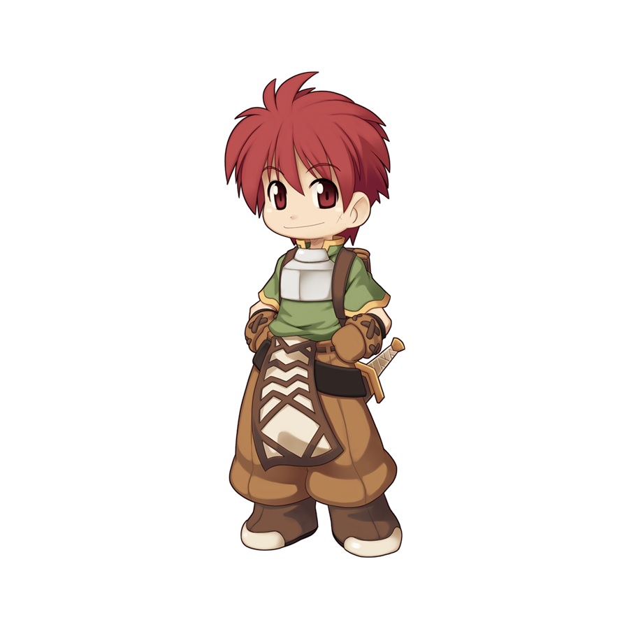 1boy backpack bag boots brown_footwear brown_gloves brown_pants chest_guard chibi closed_mouth dagger full_body gloves green_shirt hair_between_eyes hands_on_own_hips holding holding_weapon knife looking_at_viewer male_focus medium_bangs novice_(ragnarok_online) official_art pants ragnarok_online red_eyes redhead scabbard scar scar_on_cheek scar_on_face sheath sheathed shirt short_hair simple_background smile solo standing tachi-e transparent_background weapon yuichirou