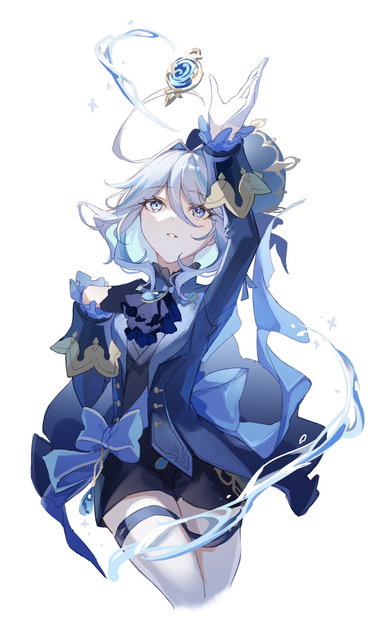 1girl :d arm_up ascot asymmetrical_gloves black_gloves black_shorts blue_ascot blue_brooch blue_eyes blue_hair blue_headwear blue_jacket blush collared_jacket cropped_legs furina_(genshin_impact) genshin_impact gloves grin hair_between_eyes hand_on_own_chest haru_same322 hat heterochromia highres jacket legs_together long_sleeves medium_hair mismatched_gloves multicolored_hair open_clothes open_hand open_jacket open_mouth outstretched_arm reaching shorts simple_background smile solo suit_jacket teeth thigh-highs top_hat two-tone_hair vision_(genshin_impact) white_background white_gloves white_hair white_thighhighs