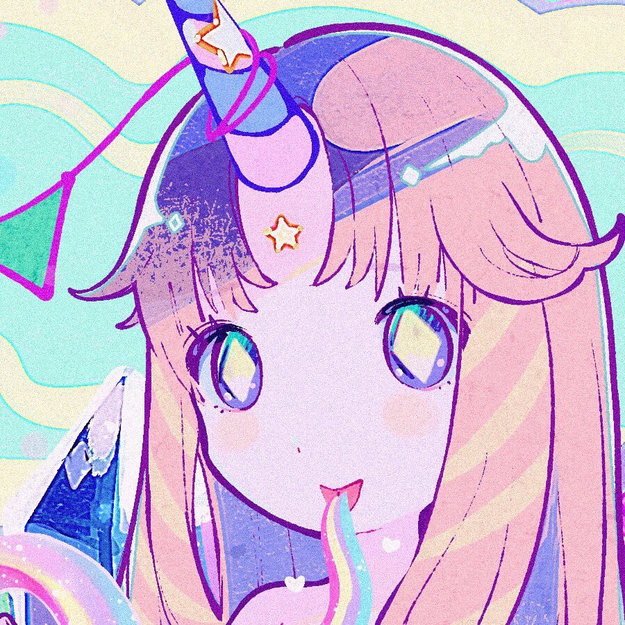 +_+ 1girl blue_background facial_mark forehead_mark horns kiato long_hair looking_at_viewer original parted_bangs pink_hair rainbow single_horn smile solo star_(symbol) tongue tongue_out unicorn_girl unicorn_horn violet_eyes