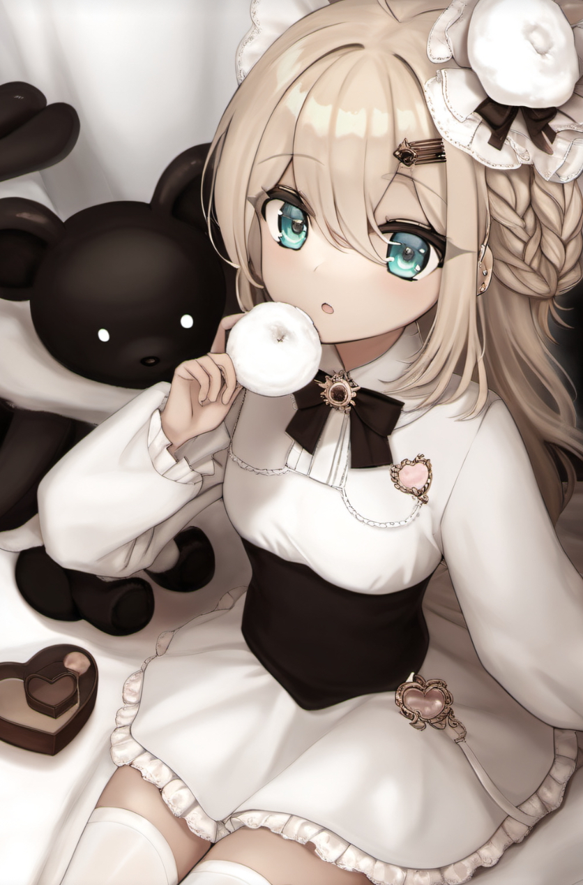 ai-generated blue_eyes bow bowtie breasts charm_(object) chocolate collared_shirt corset food hair_ornament hairclip hat highres leggings looking_at_viewer non-web_source open_mouth original shirt sitting skirt small_breasts solo stuffed_animal stuffed_toy thigh-highs
