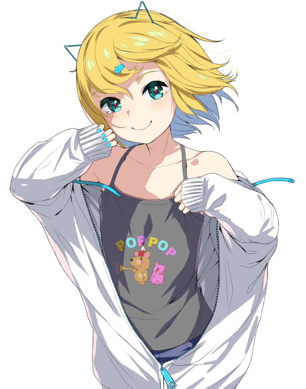 1girl animal_ears aqua_eyes bare_shoulders blonde_hair blue_hair blush camisole cat_ears cat_girl colored_inner_hair fake_animal_ears flat_chest hair_ornament highres jacket looking_at_viewer multicolored_hair off_shoulder open_clothes open_jacket original short_hair simple_background smile sody solo upper_body white_background