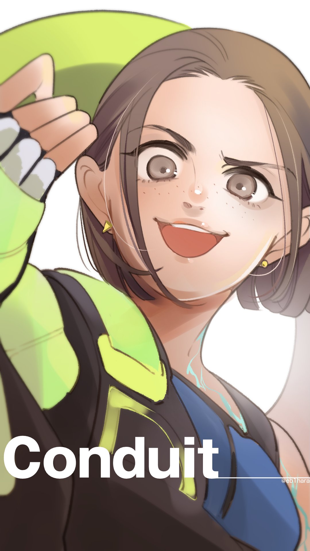 1girl animification apex_legends black_gloves blue_shirt brown_hair character_name conduit_(apex_legends) eb1hara electricity fingerless_gloves freckles gloves hair_behind_ear highres open_mouth portrait shirt short_hair simple_background smile solo twitter_username v-shaped_eyebrows white_background