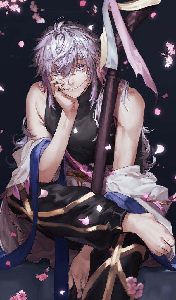 1boy barefoot black_pants black_shirt cherry_blossoms crossed_bangs face_in_hands falling_petals fate_(series) grey_eyes grey_hair grin holding holding_staff long_hair looking_at_viewer male_focus merlin_(fate) pants petals pon52io robe shirt sitting smile solo staff toenails white_robe