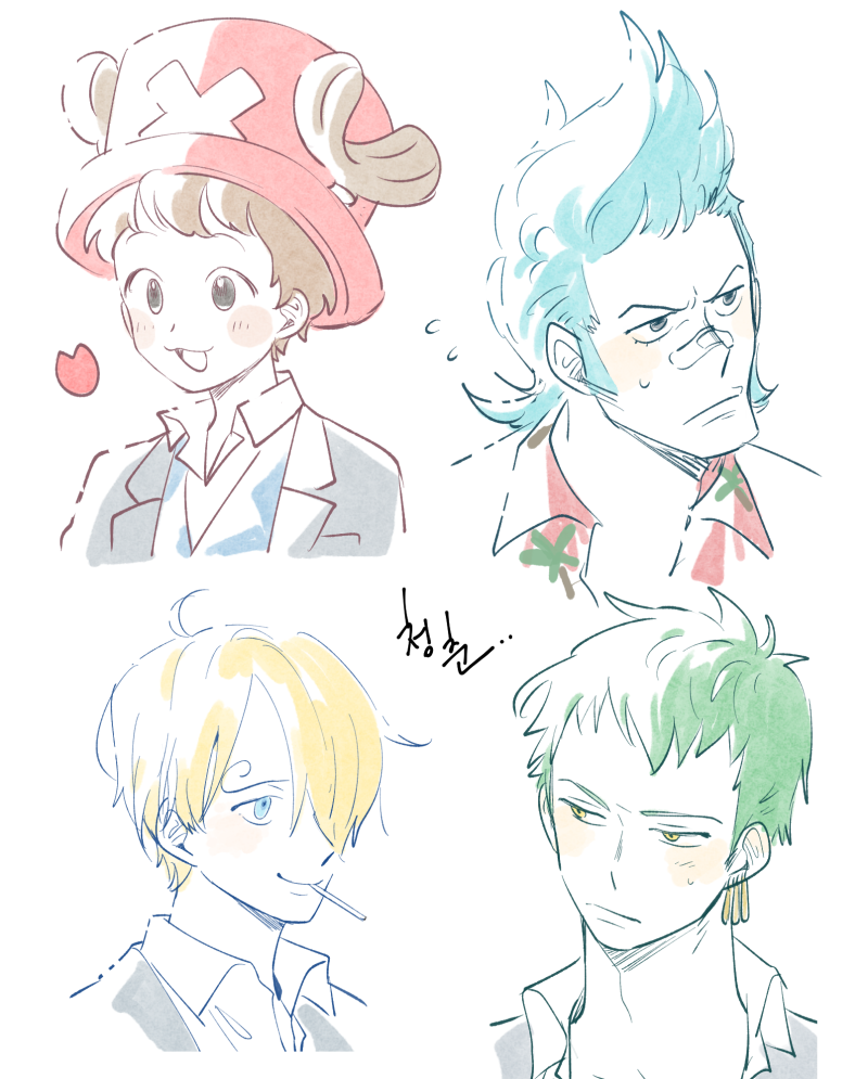 4boys :3 ahoge alternate_costume antlers bandaid bandaid_on_face bandaid_on_nose black_eyes blonde_hair blue_eyes blue_hair blush brown_hair cherry_blossoms cigarette collared_shirt commentary curly_eyebrows earrings expressionless franky_(one_piece) green_hair grey_eyes hair_over_one_eye hat hawaiian_shirt horns humanization jewelry korean_text long_bangs looking_to_the_side male_focus mob0322 multiple_boys one_piece reindeer_antlers roronoa_zoro sanji_(one_piece) school_uniform shirt short_hair sideburns single_earring smile spiky_hair suit sweat sweatdrop tony_tony_chopper translation_request uniform upper_body yellow_eyes
