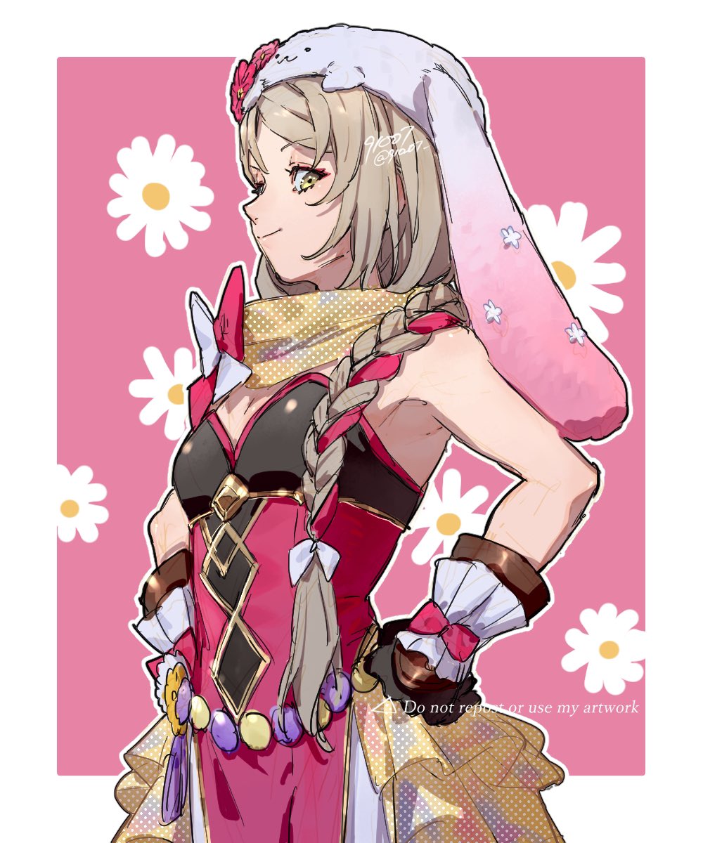 1girl 91007 animal_hat blonde_hair braid braided_ponytail brown_gloves easter expressive_clothes fire_emblem fire_emblem_engage fire_emblem_heroes flower_ornament framme_(fire_emblem) framme_(spring)_(fire_emblem) gloves hair_over_shoulder hat highres official_alternate_costume pelvic_curtain rabbit_hat scarf yellow_eyes yellow_scarf