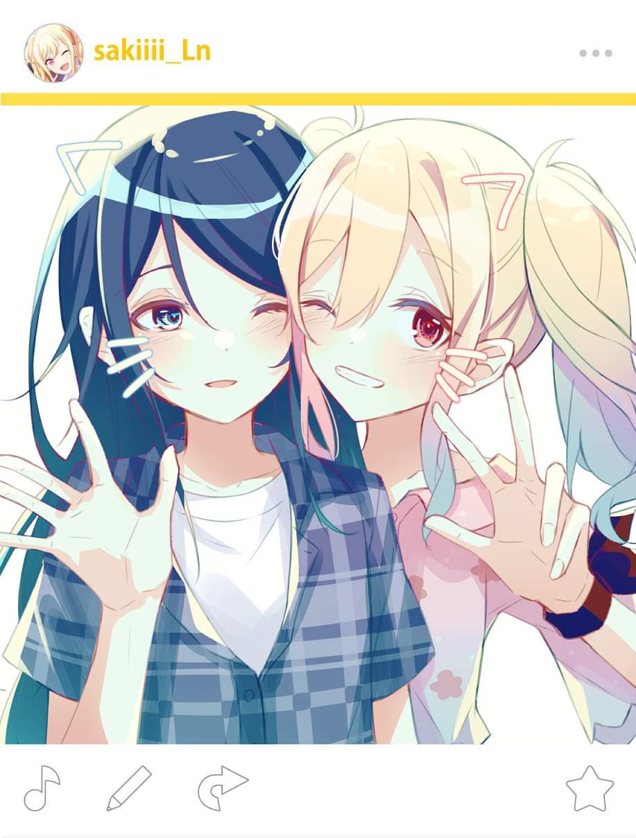 2girls :d blonde_hair blue_eyes blue_hair blue_shirt blush collarbone dot_nose drawn_ears drawn_whiskers fake_screenshot gradient_hair grin hair_between_eyes hand_up highres hoshino_ichika_(project_sekai) layered_shirt looking_at_another looking_at_viewer multicolored_hair multiple_girls one_eye_closed open_hand open_mouth partially_unbuttoned pink_eyes pink_shirt plaid plaid_shirt project_sekai ritzchrono shirt smile social_network teeth twintails upper_body w white_shirt