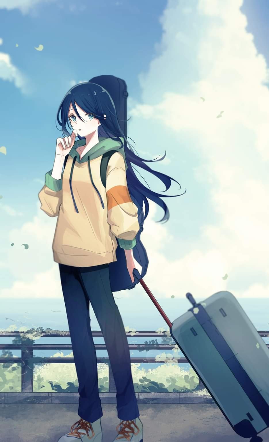 1girl :o arm_at_side blue_eyes blue_hair blue_pants blue_sky clouds cloudy_sky commentary cumulonimbus_cloud day drawstring falling_leaves from_side full_body hair_between_eyes hand_on_own_chin highres holding holding_suitcase hood hood_down hoodie hoshino_ichika_(project_sekai) instrument_case instrument_on_back leaf long_hair long_sleeves looking_at_viewer open_mouth outdoors pants parted_bangs project_sekai railing ritzchrono shoes sidelocks sky sneakers solo straight_hair suitcase white_footwear yellow_hoodie