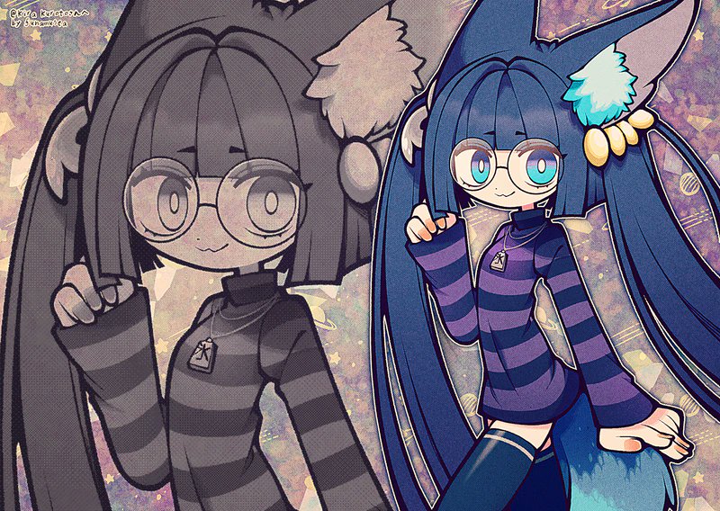 1girl :3 animal_ear_fluff animal_ears artist_name black-framed_eyewear black_thighhighs blue_eyes blue_hair blunt_bangs blunt_sidelocks bright_pupils commission commissioner_name funamusea_(artist) grey_background hair_ornament jewelry long_hair looking_to_the_side necklace original outline pink_nails purple_shirt round_eyewear shirt skeb_commission sleeves_past_wrists smile solo striped_clothes striped_shirt tail thigh-highs twintails very_long_hair white_outline white_pupils zoom_layer