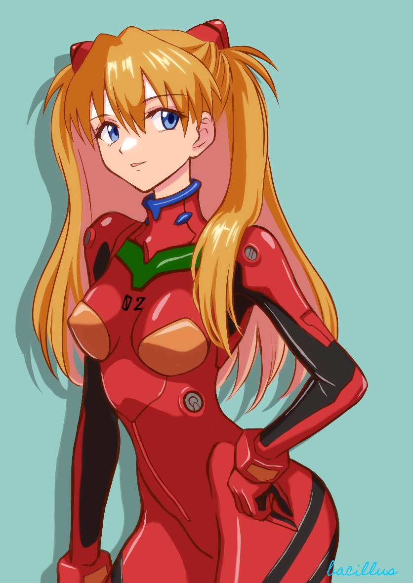 1girl aqua_background arm_at_side artist_name bacillus blue_eyes bodysuit breasts commentary cowboy_shot drop_shadow hair_between_eyes hair_over_shoulder hand_on_own_hip interface_headset long_hair medium_breasts neon_genesis_evangelion paid_reward_available parted_lips pilot_suit plugsuit red_bodysuit redhead signature simple_background solo souryuu_asuka_langley