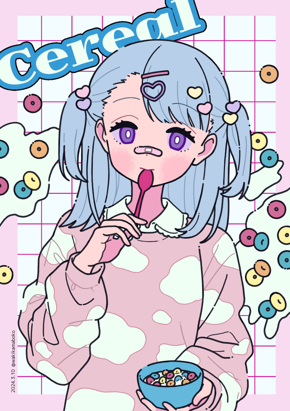 1girl asymmetrical_bangs bandaid bandaid_on_face bandaid_on_nose blue_hair border bowl cereal collared_shirt commentary english_text hair_ornament hairclip heart heart_hair_ornament highres holding holding_bowl holding_spoon long_hair long_sleeves looking_at_viewer milk neki_(wakiko) original pink_border pink_shirt puffy_long_sleeves puffy_sleeves shirt solo spoon two_side_up upper_body utensil_in_mouth violet_eyes white_background white_shirt