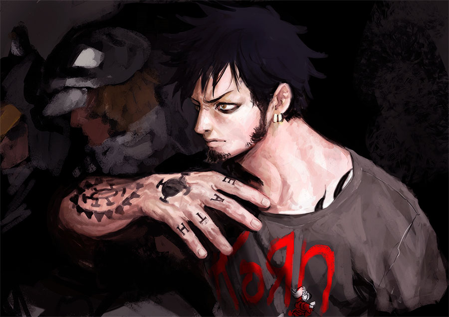 3boys arm_tattoo black_hair black_shirt brown_hair chest_tattoo chief_(chiefvinsmoke) closed_mouth commentary_request earrings facial_hair finger_tattoo fingernails goatee hand_tattoo hat jewelry korn_(band) male_focus multiple_boys one_piece penguin_(one_piece) shachi_(one_piece) shirt short_hair tattoo trafalgar_law v-shaped_eyebrows