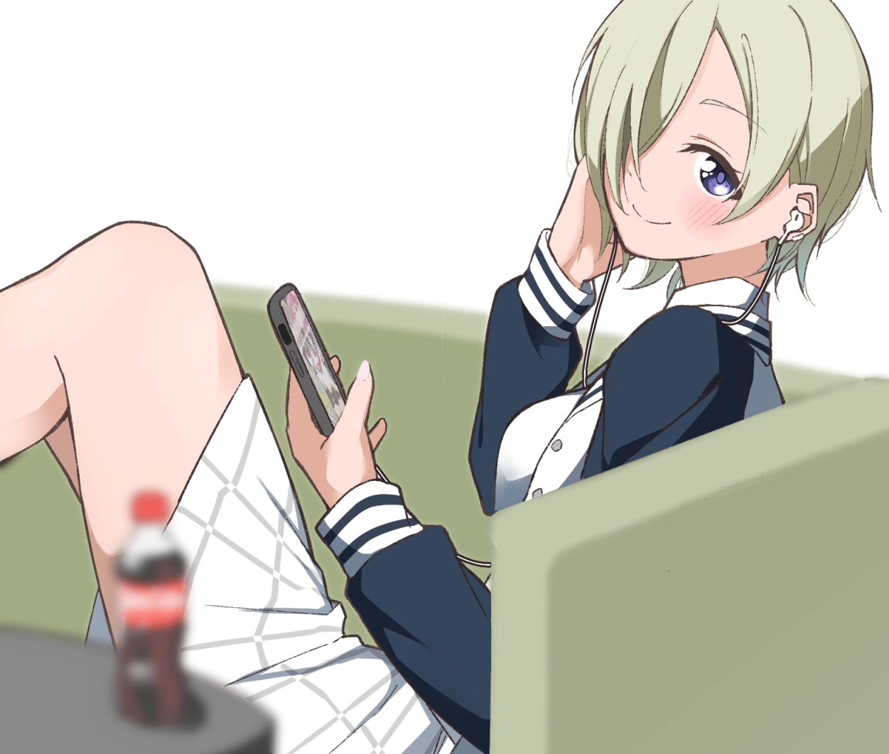1girl blonde_hair blurry blurry_foreground blush breasts cellphone closed_mouth commentary_request couch earphones hair_over_one_eye holding holding_phone jacket liz_(piyoko_piyop) long_hair looking_at_viewer love_live! love_live!_nijigasaki_high_school_idol_club medium_breasts mia_taylor nijigasaki_academy_school_uniform on_couch one_eye_covered open_clothes open_jacket phone school_uniform shirt short_hair skirt smartphone smile soda_bottle solo upper_body violet_eyes white_background white_jacket white_shirt white_skirt winter_uniform