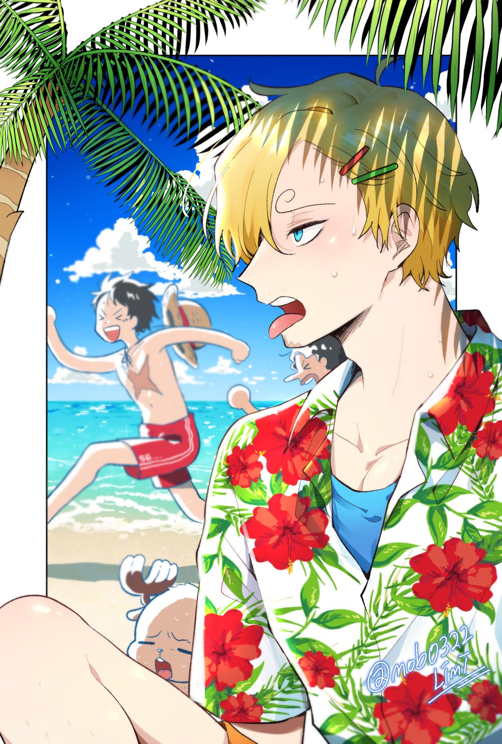 &gt;_&lt; 4boys =_= afro antlers artist_name beach black_hair blonde_hair blue_eyes blue_shirt blush collarbone commentary curly_eyebrows floral_print from_side goggles goggles_on_head hair_ornament hairclip hat hawaiian_shirt heavy_breathing highres horns knee_up lips male_focus male_swimwear mob0322 monkey_d._luffy multiple_boys ocean one_piece open_mouth palm_tree red_swim_trunks reindeer reindeer_antlers running sand sanji_(one_piece) scar scar_on_chest shiny_skin shirt short_hair straw_hat sweat sweatdrop swim_trunks symbol-only_commentary teeth tongue tongue_out tony_tony_chopper tree twitter_username upper_teeth_only usopp white_shirt