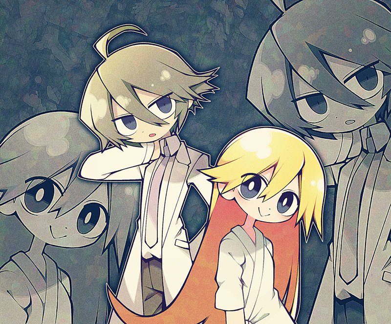 1boy 1girl :&gt; :o ahoge black_eyes blonde_hair blue_eyes bright_pupils brown_pants coat collared_shirt commission funamusea_(artist) grey_background hair_between_eyes hand_on_own_hip hand_on_own_neck light_blush long_hair looking_at_viewer looking_to_the_side necktie original outline pants robe shirt short_hair skeb_commission smile very_long_hair white_coat white_necktie white_outline white_pupils white_robe white_shirt zoom_layer