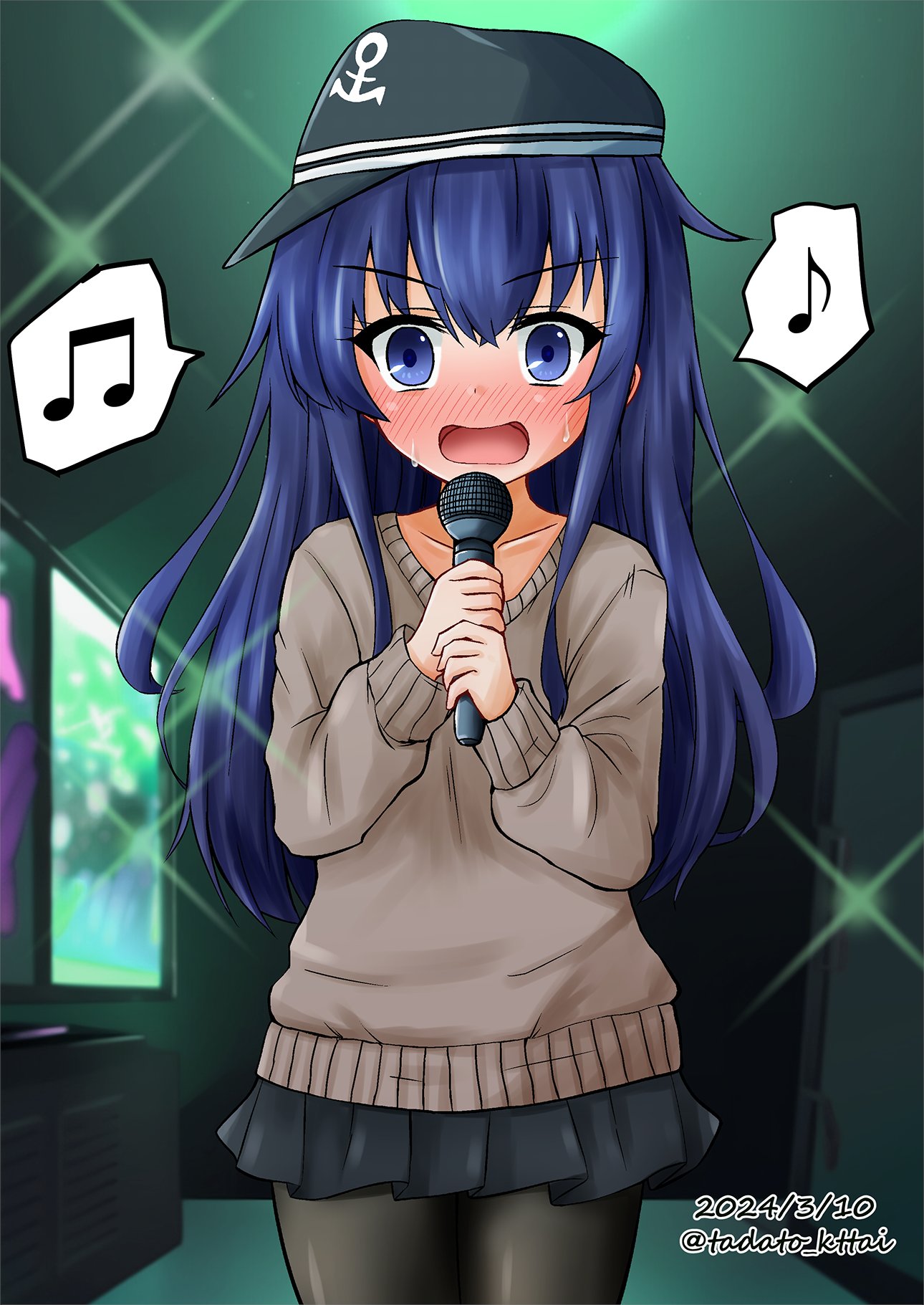 1girl akatsuki_(kancolle) anchor_symbol beamed_eighth_notes black_headwear black_pantyhose black_skirt blue_eyes blue_hair blush brown_sweater collarbone commentary_request cowboy_shot dated eighth_note flat_cap hair_between_eyes hat highres holding holding_microphone indoors kamiya_tadato kantai_collection long_hair long_sleeves microphone musical_note nose_blush open_mouth pantyhose pleated_skirt puffy_long_sleeves puffy_sleeves sideways_hat skirt solo spoken_musical_note standing sweat sweater twitter_username v-shaped_eyebrows very_long_hair