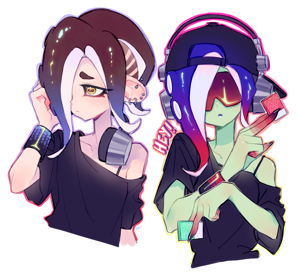 2girls backwards_hat baseball_cap blue_hair cephalopod_eyes closed_mouth collarbone color_chip_(splatoon) colored_skin commentary_request dedf1sh dual_persona ear_piercing eyelashes green_skin hair_over_one_eye hat headphones headphones_around_neck headphones_over_headwear long_hair multicolored_hair multiple_girls octoling off_shoulder open_mouth piercing red-tinted_eyewear redhead sanitized_(splatoon) simple_background single_bare_shoulder splatoon_(series) splatoon_3 splatoon_3:_side_order suke_81 tentacle_hair thick_eyebrows tinted_eyewear two-tone_hair white_background yellow_eyes