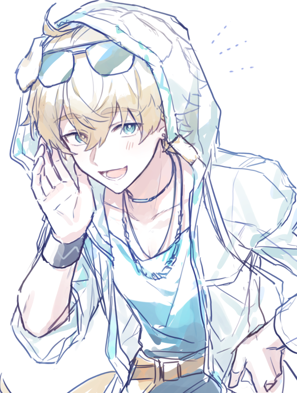1boy :d animal_ears arknights blonde_hair blue_eyes blue_shirt blush collarbone commentary_request dog_ears eyewear_on_head hair_between_eyes hand_on_own_hip hand_up hood hood_up hooded_jacket jacket looking_at_viewer male_focus mt_(harugamt) one-piece_swimsuit open_clothes open_jacket see-through shirt simple_background smile solo sunglasses swimsuit tequila_(arknights) thick_eyebrows white_background white_jacket