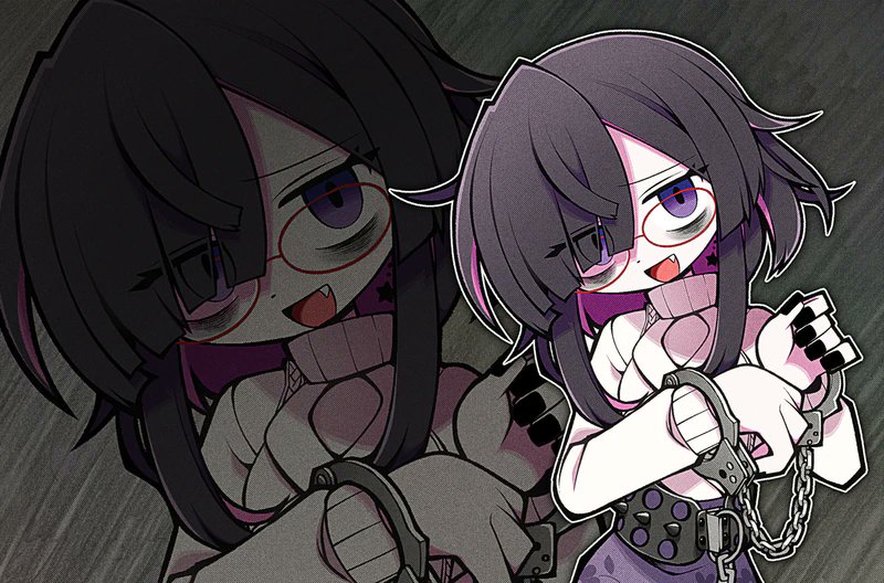 1girl bags_under_eyes belt black_hair black_nails clothing_cutout colored_skin commission cuffs eyes_visible_through_hair fang funamusea_(artist) glasses grey_background grey_belt hair_over_one_eye handcuffs looking_to_the_side multicolored_hair open_mouth original outline pink_hair purple_skirt red-framed_eyewear round_eyewear short_hair sidelocks skeb_commission skirt smile solo spiked_belt streaked_hair sweater turtleneck turtleneck_sweater two-tone_hair violet_eyes white_outline white_skin white_sweater zoom_layer