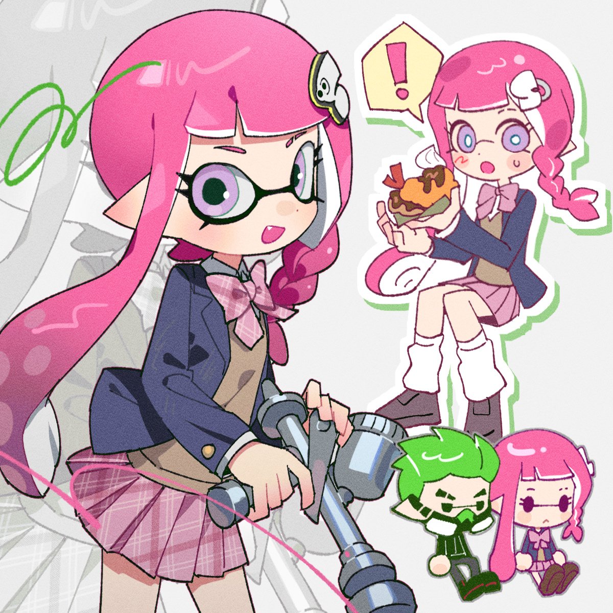 ! 1boy 1girl aerospray_(splatoon) bow bowtie chibi chibi_inset commentary eyebrow_cut eyelashes fang food green_hair gun hair_ornament hairclip hg_swdiary highres holding holding_food holding_gun holding_weapon inkling inkling_boy inkling_girl inkling_player_character invisible_chair long_hair looking_at_viewer multiple_views open_mouth pink_bow pink_bowtie pink_hair pink_skirt plaid plaid_bow plaid_bowtie plaid_skirt pleated_skirt pointy_ears short_hair sitting skirt smile splatoon_(series) splatoon_3 spoken_exclamation_mark sweat symbol-only_commentary tentacle_hair violet_eyes weapon white_background zoom_layer