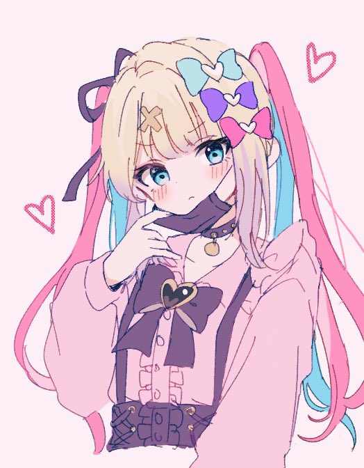 1girl arm_at_side black_bow black_bowtie black_choker black_mask black_ribbon blonde_hair blue_bow blue_eyes blush bow bowtie brooch choker chouzetsusaikawa_tenshi-chan closed_mouth collared_shirt cropped_torso dot_nose frown hair_bow hair_ribbon hand_up heart heart_brooch jewelry jirai_kei kabe_(zp66104) long_bangs long_sleeves looking_at_viewer mask mask_around_neck mask_pull needy_girl_overdose pink_bow pink_shirt purple_bow ribbon shirt sidelocks simple_background solo studded_choker twintails v-shaped_eyebrows white_background