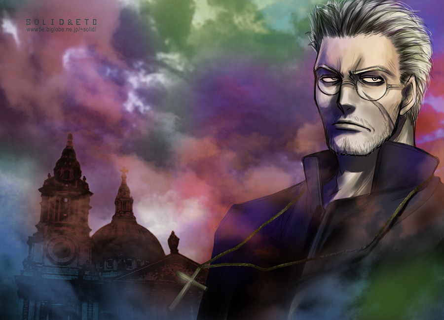 1boy alexander_anderson artist_name beard_stubble building clouds cloudy_sky commentary_request cross facial_hair frown glasses hellsing jacket jewelry male_focus mature_male necklace pendant portrait scar scar_on_cheek scar_on_face sky solo stubble toshimichi_yukari web_address