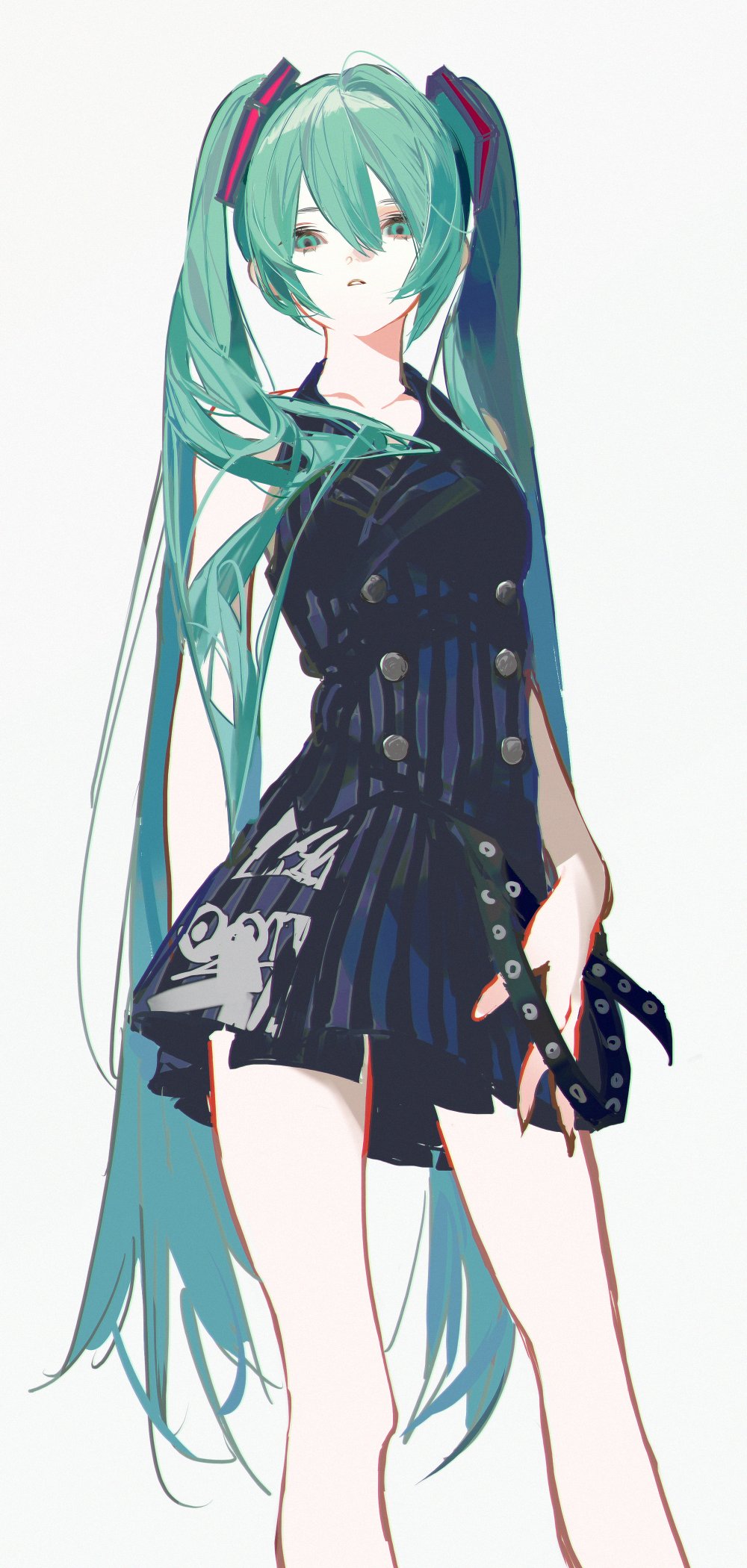 alternate_costume aqua_eyes aqua_hair bare_arms bare_legs bare_shoulders black_dress buttons commentary dress feet_out_of_frame grey_background hair_between_eyes hair_ornament hair_over_shoulder halter_dress halterneck hatsune_miku highres long_hair looking_at_viewer miyu_(shiyemiyu) parted_lips simple_background standing twintails very_long_hair vocaloid
