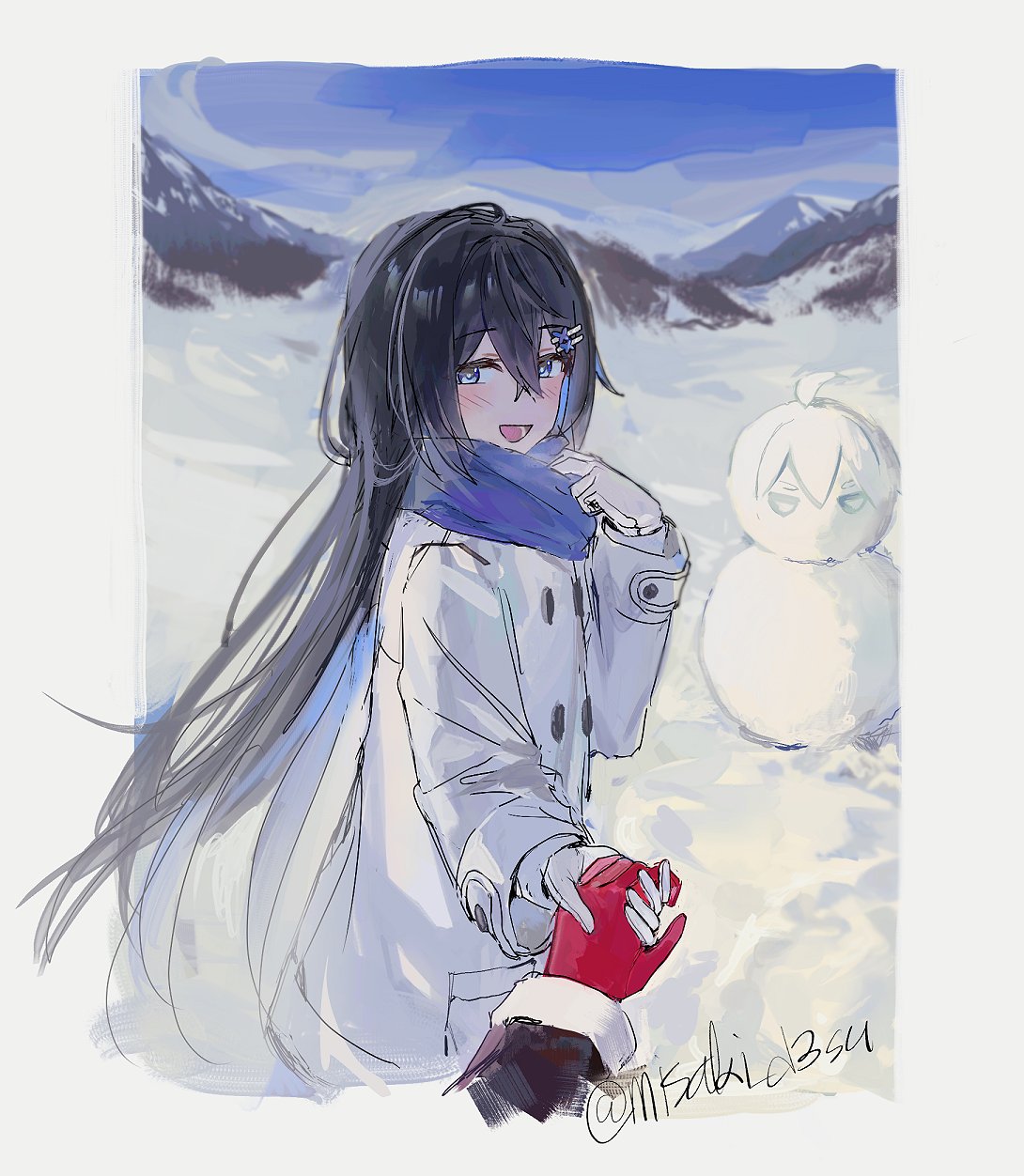 1girl 1other :d black_hair blue_eyes blue_hair blue_scarf blue_sky blush border clouds coat colored_inner_hair commentary cowboy_shot day dot_nose gloves hair_between_eyes hair_ornament hairpin highres honkai_(series) honkai_impact_3rd long_sleeves misaki_d3su mountainous_horizon multicolored_hair open_mouth outdoors outstretched_arm pov pov_hands red_gloves scarf seele_vollerei sky smile snow snowman solo_focus straight_hair symbol-only_commentary twitter_username white_border white_coat white_gloves winter_clothes