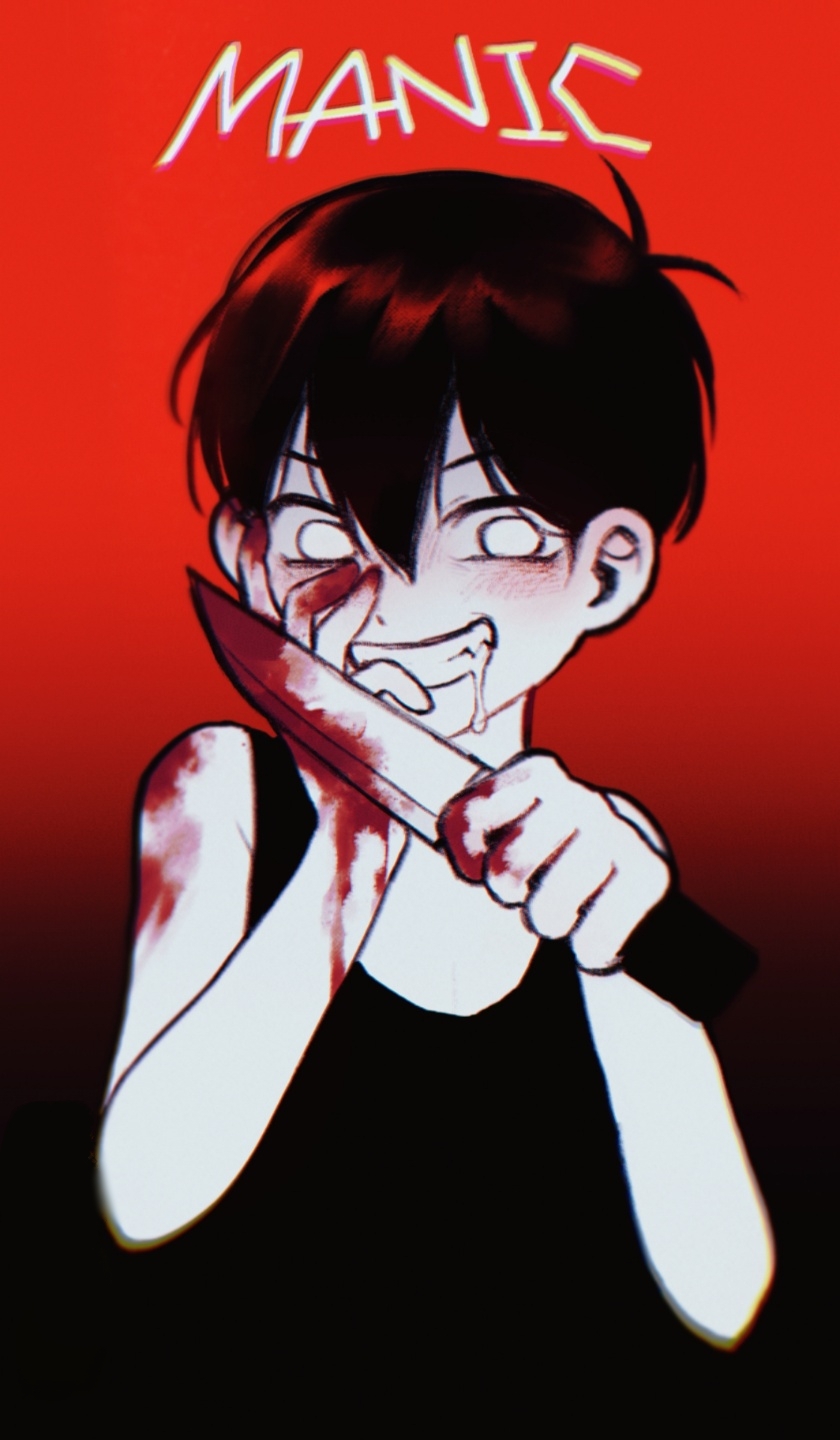 1boy bare_arms black_background black_hair black_tank_top blood blood_on_hands blood_on_knife blush colored_skin drooling english_text gradient_background grin hair_behind_ear hair_between_eyes hand_on_another's_face highres holding holding_knife kitchen_knife knife looking_at_viewer no_pupils official_alternate_eye_color omo_taru omori omori_(omori) red_background short_hair sleeveless smile solo tank_top upper_body white_eyes white_skin