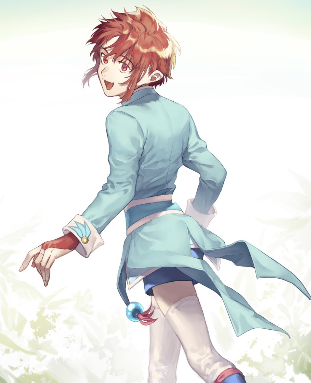 1boy blue_coat blue_shorts bridal_gauntlets brown_eyes brown_hair coat commentary from_side gloves highres long_sleeves looking_back male_focus mao_(tales) open_mouth pon52io red_gloves short_hair shorts solo tailcoat tales_of_(series) tales_of_vesperia thigh-highs walking white_thighhighs