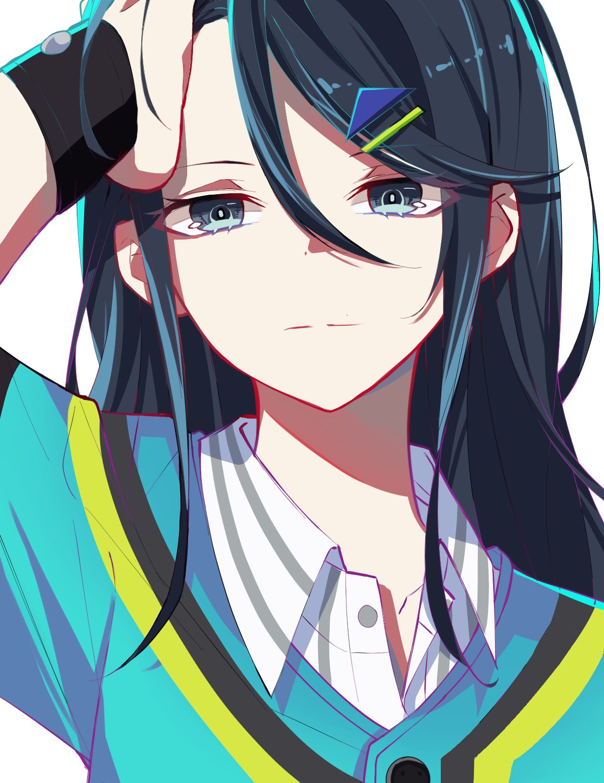 1girl :| black_hair blue_eyes blue_shirt buttons close-up closed_mouth collared_shirt expressionless hair_between_eyes hair_ornament hairpin hand_on_own_head highres holding holding_hair hoshino_ichika_(project_sekai) layered_shirt long_hair looking_at_viewer portrait project_sekai ritzchrono shirt sidelocks simple_background solo straight-on straight_hair white_background white_shirt