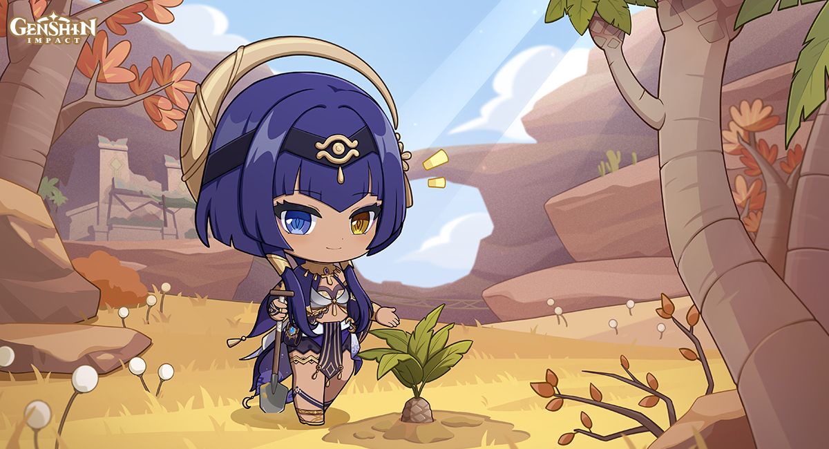 1girl blue_eyes blue_hair bridal_gauntlets candace_(genshin_impact) chibi closed_mouth clouds cloudy_sky dark-skinned_female dark_blue_hair dark_skin desert genshin_impact heterochromia holding holding_shovel looking_at_viewer official_art outdoors sandals short_hair_with_long_locks shovel sky smile solo standing yellow_eyes