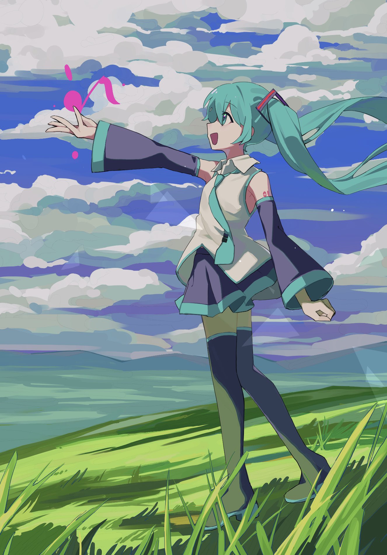 1girl :d arm_at_side asa_(o0_asa_0o) bare_shoulders black_footwear black_skirt black_sleeves blue_eyes blue_hair blue_necktie blue_sky boots clouds cloudy_sky collared_shirt day detached_sleeves floating_hair from_side full_body grass hair_ornament hatsune_miku highres hill landscape long_sleeves looking_ahead miniskirt mountainous_horizon nature necktie number_tattoo open_hand open_mouth outdoors outstretched_arm pleated_skirt profile shirt sidelocks skirt sky sleeveless sleeveless_shirt smile solo tattoo thigh_boots tie_clip twintails vocaloid white_shirt wind zettai_ryouiki