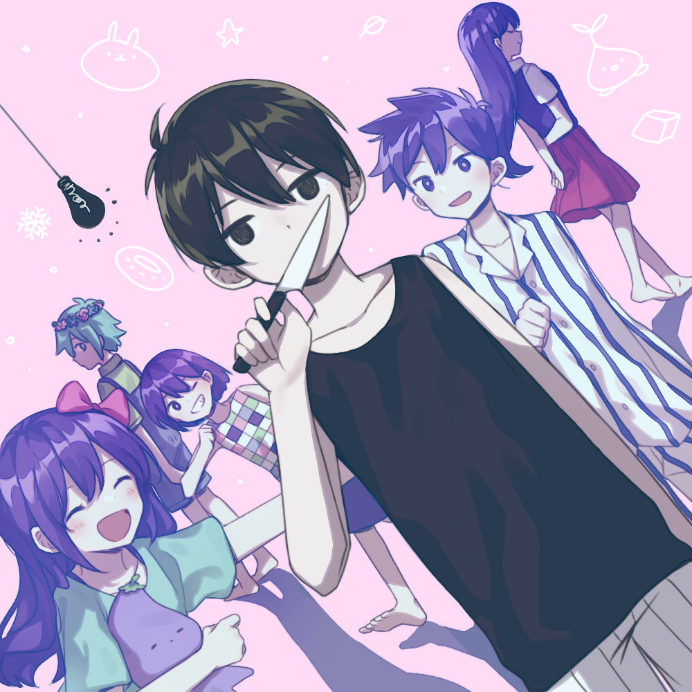 2girls 4boys alternate_skin_color antenna_hair aqua_eyes aqua_hair aqua_shirt arm_at_side arms_behind_back aubrey_(headspace)_(omori) aubrey_(omori) bare_arms barefoot basil_(headspace)_(omori) basil_(omori) black_eyes black_hair black_tank_top blue_overalls blue_pajamas blush bow bright_pupils brother_and_sister brothers buttons checkered_clothes checkered_shirt clenched_hand closed_eyes closed_mouth collarbone collared_shirt covering_own_mouth full_body green_shirt grin hair_behind_ear hair_between_eyes hair_bow head_wreath hero_(headspace)_(omori) hero_(omori) holding holding_knife holding_stuffed_toy inuko_(ink0425) kel_(headspace)_(omori) kel_(omori) knife light_bulb long_hair long_sleeves looking_ahead looking_at_another looking_at_viewer mari_(headspace)_(omori) mari_(omori) medium_skirt multiple_boys multiple_girls no_pupils omori omori_(omori) one_eye_closed open_mouth outstretched_arm overall_shorts overalls pajamas pants pink_background pink_bow purple_hair purple_shorts purple_sweater_vest rabbit red_skirt shirt short_hair short_sleeves shorts siblings skirt sleeveless smile snowflakes sprout_mole standing striped_clothes striped_pajamas striped_pants striped_shirt striped_shorts stuffed_eggplant stuffed_toy sweater_vest tank_top upper_body vertical-striped_clothes vertical-striped_pajamas vertical-striped_pants vertical-striped_shirt vertical-striped_shorts violet_eyes white_pajamas white_pupils white_shorts