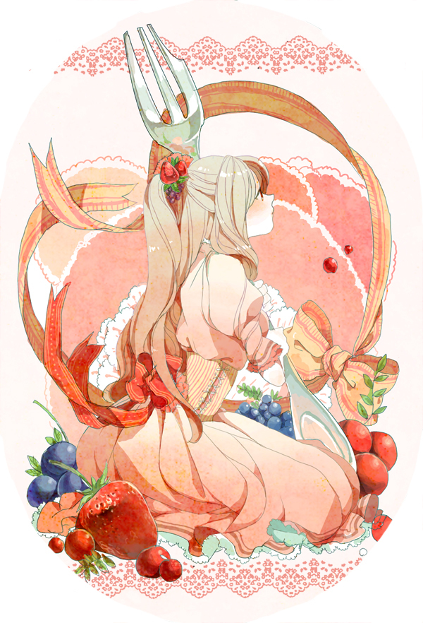 blueberry corset dress food food_as_clothes food_themed_clothes fork fruit hair_ornament in_food kneeling minigirl original ponytail ribbon solo strawberry yubari